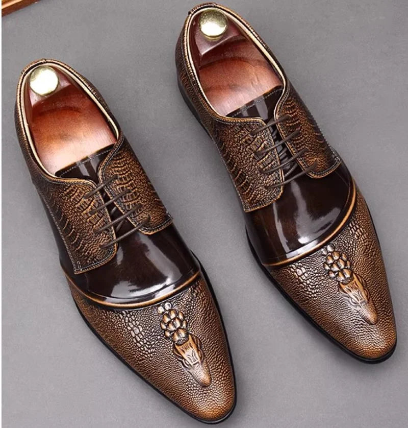 Elegante Herren-Lederschuhe, spitze Zehenpartie, Schnürung, Krokodilmusterprägung, Echtleder, formelle Schuhe, Hochzeitsschuhe, Gesellschaftsschuhe