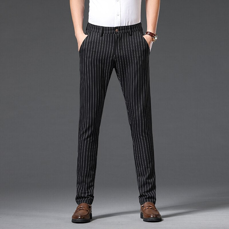 Autumn Stripe Trousers Men Formal Work Business Red Grey Navy Blue Black Slim Fit Iron-free Office Luxury Suit Pants Male 30-38