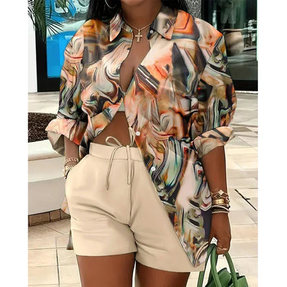Fashion Colorful Striped Printed Two Piece Set Women Outfit Suit Casual Summer Button Up Long Sleeve Shirt and Shorts Set