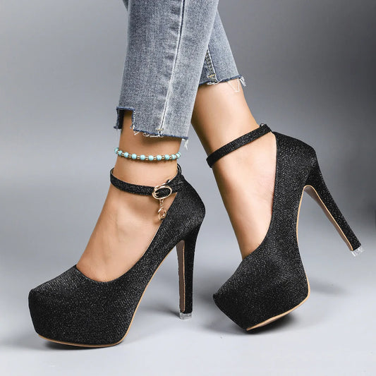 Women's High Heels  New Style Semi-Uppered Thin Heel Waterproof Platform Buckle Fashion Shoes Large Size Strap Shoes