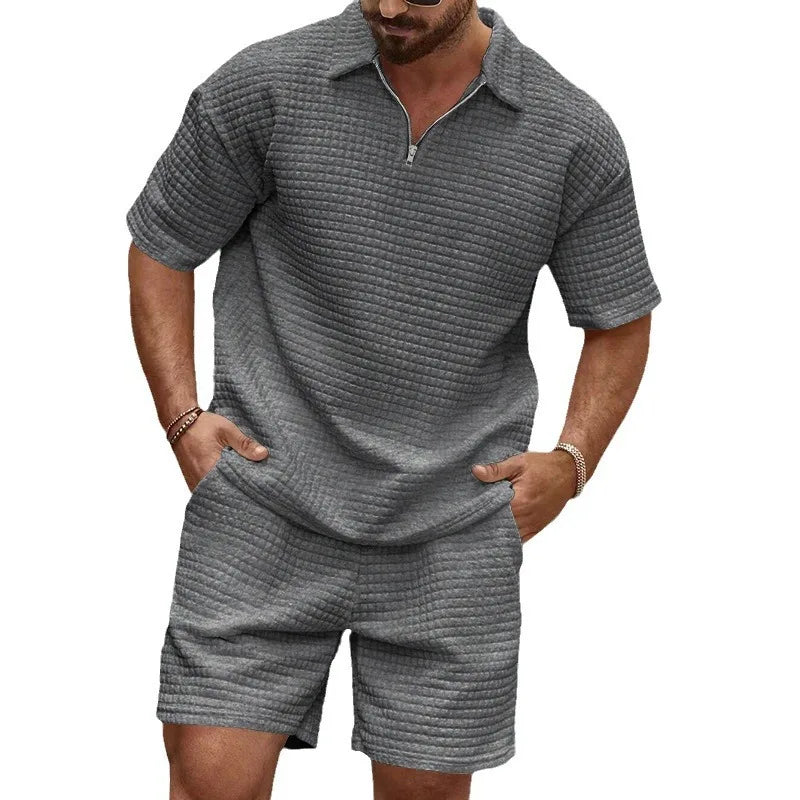 European and American Men's Spring and Summer Trends Youth Outdoor Lapel Small Plaid Short Sleeve Shorts Sports Suit