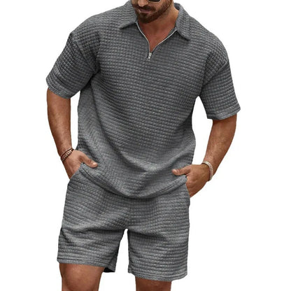 European and American Men's Spring and Summer Trends Youth Outdoor Lapel Small Plaid Short Sleeve Shorts Sports Suit