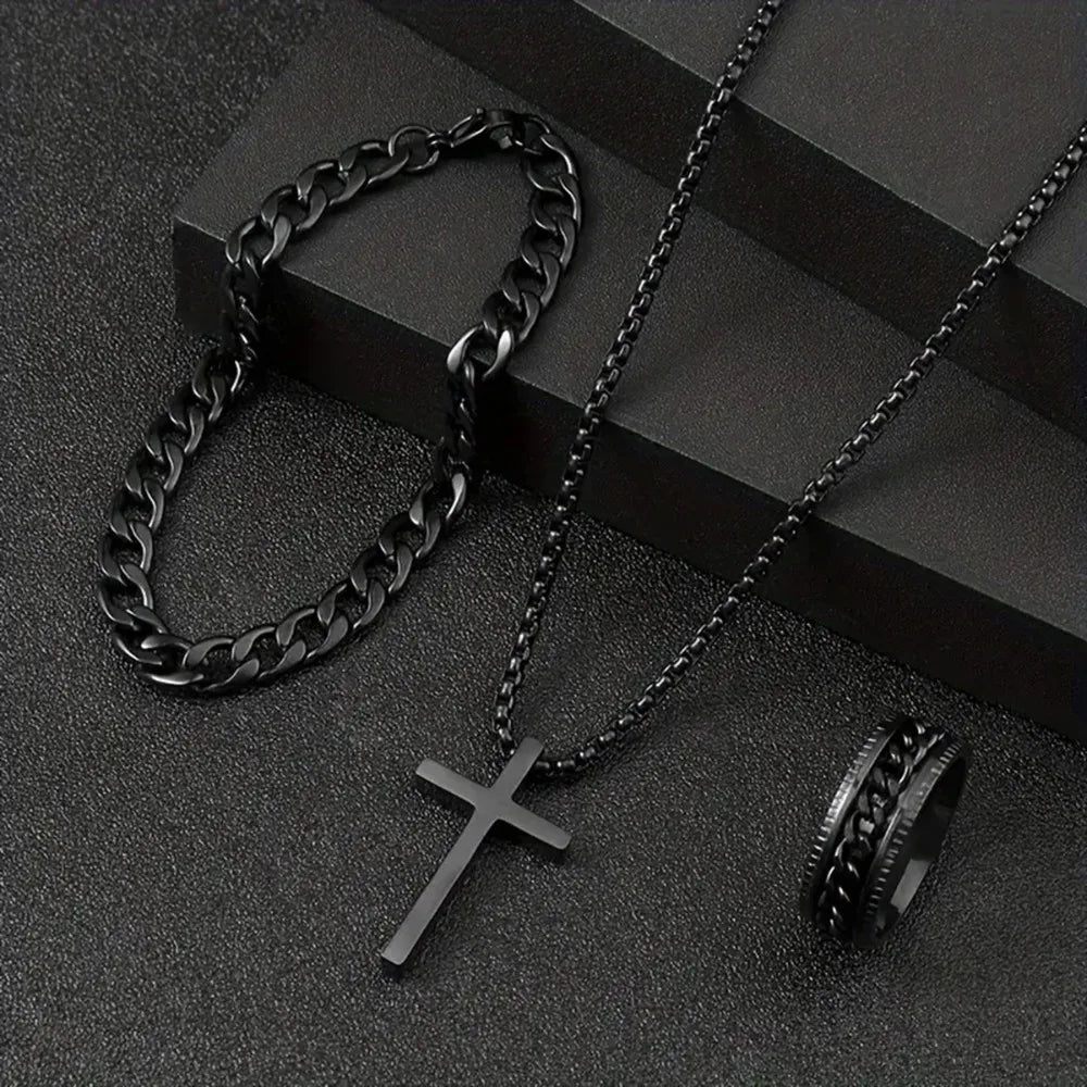 3pcs Fashion Alloy Men's Cross Pendant Necklace, Bracelet & Ring Combo Jewelry Set
