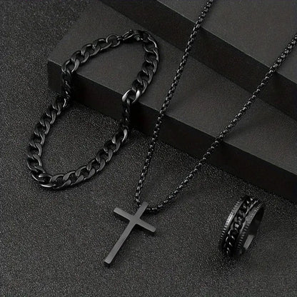 3pcs Fashion Alloy Men's Cross Pendant Necklace, Bracelet & Ring Combo Jewelry Set