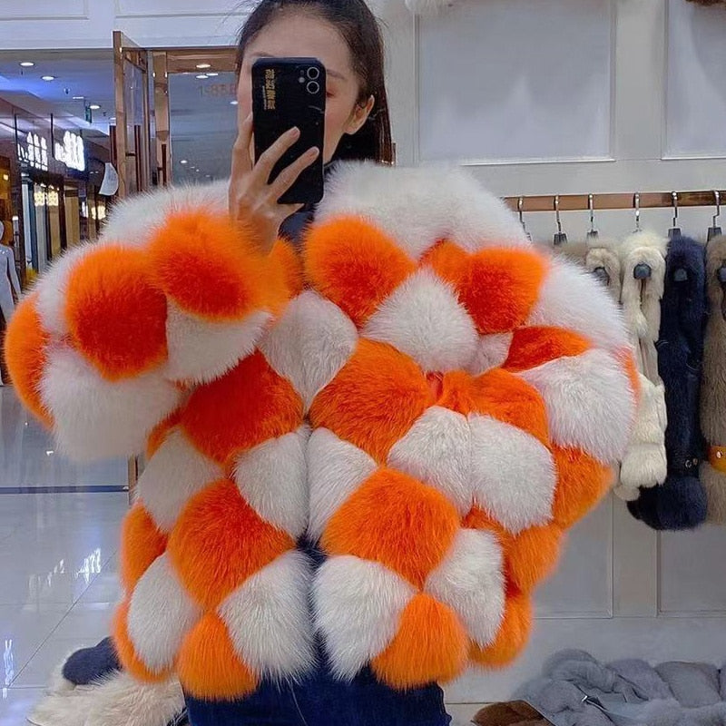 Hot sales New Checkerboard Plaid Pattern Ladies Fashion winter Overcoat Luxury High-end Real Fox Fur Coat Natural Fur Jacket