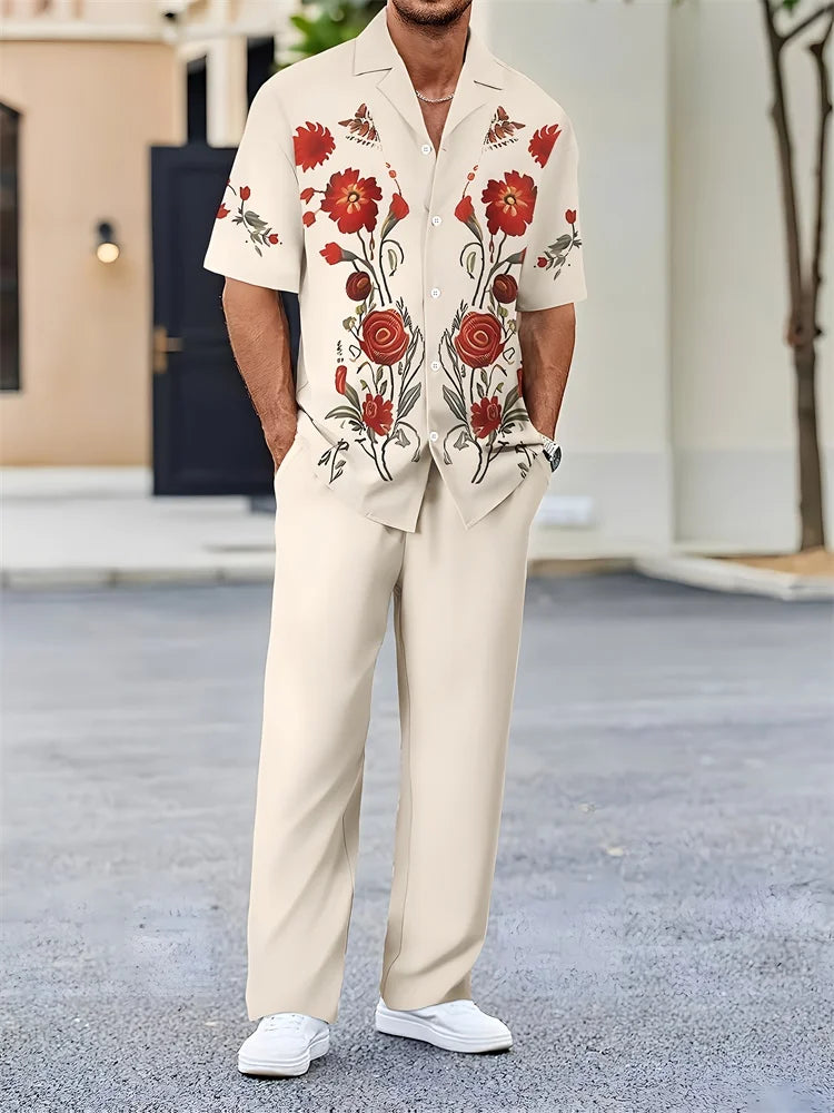 2025 Autumn Geometric Color Block Printed Short-sleeved Set, 2pcs Daily Casual And Loose Men's Shirt Set, Casual And Fashionable