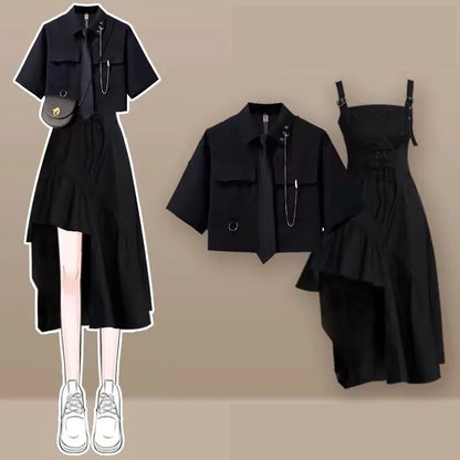Women's Summer New In Fashion Irregular Dress Matching Set Korean Elegant Short Sleeve Shirt+Strap Skirt Two Piece Suit