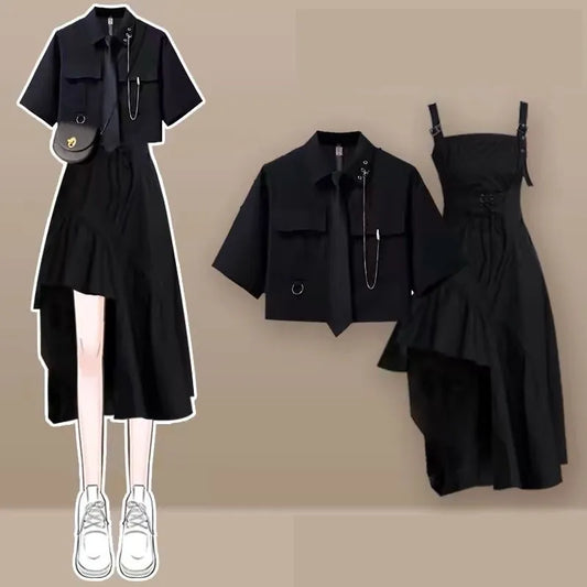 Women's Summer New In Fashion Irregular Dress Matching Set Korean Elegant Short Sleeve Shirt+Strap Skirt Two Piece Suit