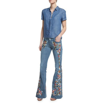 Women Retro Floral Embroidered Denim Flare Pants Distressed Straight Plus Size Trousers Elegant Women Palazzo Wide Leg Jeans