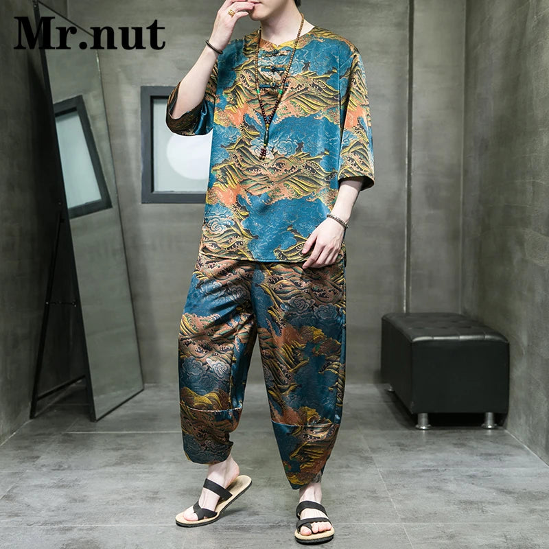 Mr.nut Summer Ice Silk Men's Tang Suit Two Piece Set T Shirt Harem Pants Clothing Women Stylish Vacation Cool Clothes Streetwear