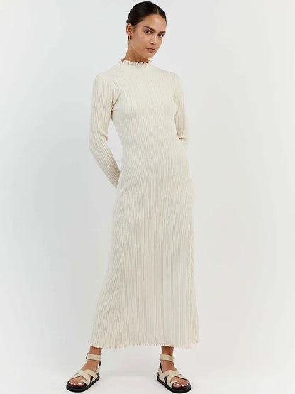 GACVGA  Autumn Winter Knitted Maxi Dress Elegant Women Long Sleeve Slim Pleated Robe Club Party Bodycon Long Dress Vestidos