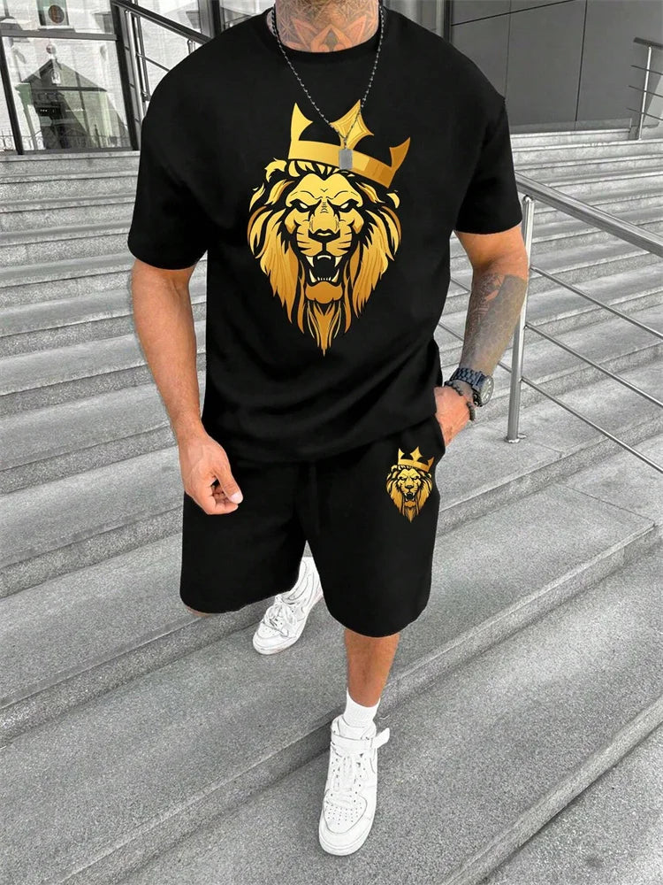 2024 New Crew Neck Short Sleeve T-shirt Fashion Shorts Set 3D Lion Print Short Sleeve Shorts 2-piece Men's Summer Sports Set