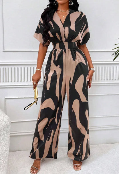 Women Wide Leg Jumpsuit Spring Summer Fashion V Neck Short Sleeve High Waist Full Body Printed Jumpsuits Casual One Pieces