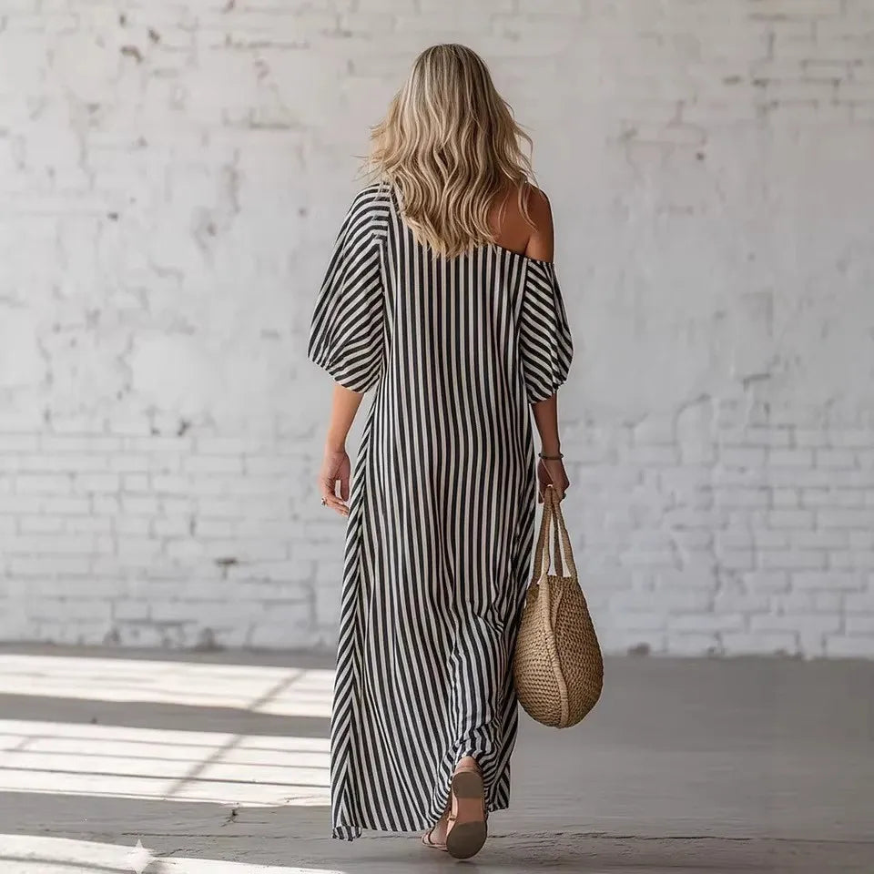 Summer Woman Dress Long Striped Off Shoulder Dresses Short Sleeve Maxi Dress Wrap Style Pink Striped Shirt Dress 's Women's