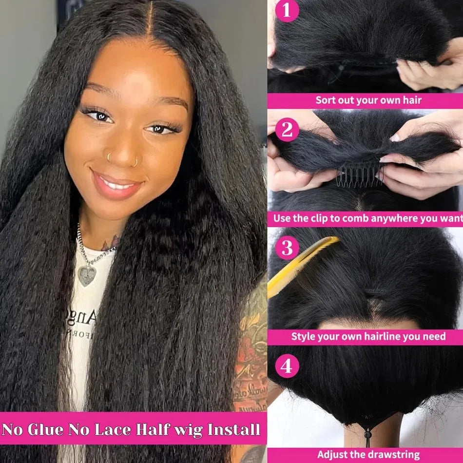 250 Density Kinky Straight Half Wigs Human Hair Flip Over Gluless 3 In 1 Half Wig With Drawstring 40 Inch Wear And Go For Women
