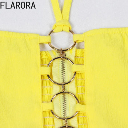 FLARORA Y2k Hole Sequined Wide Leg Pants Streetwear Sexy Solid Halter Sleeveless Backless Tops And Pants Women's Two Pieces Set