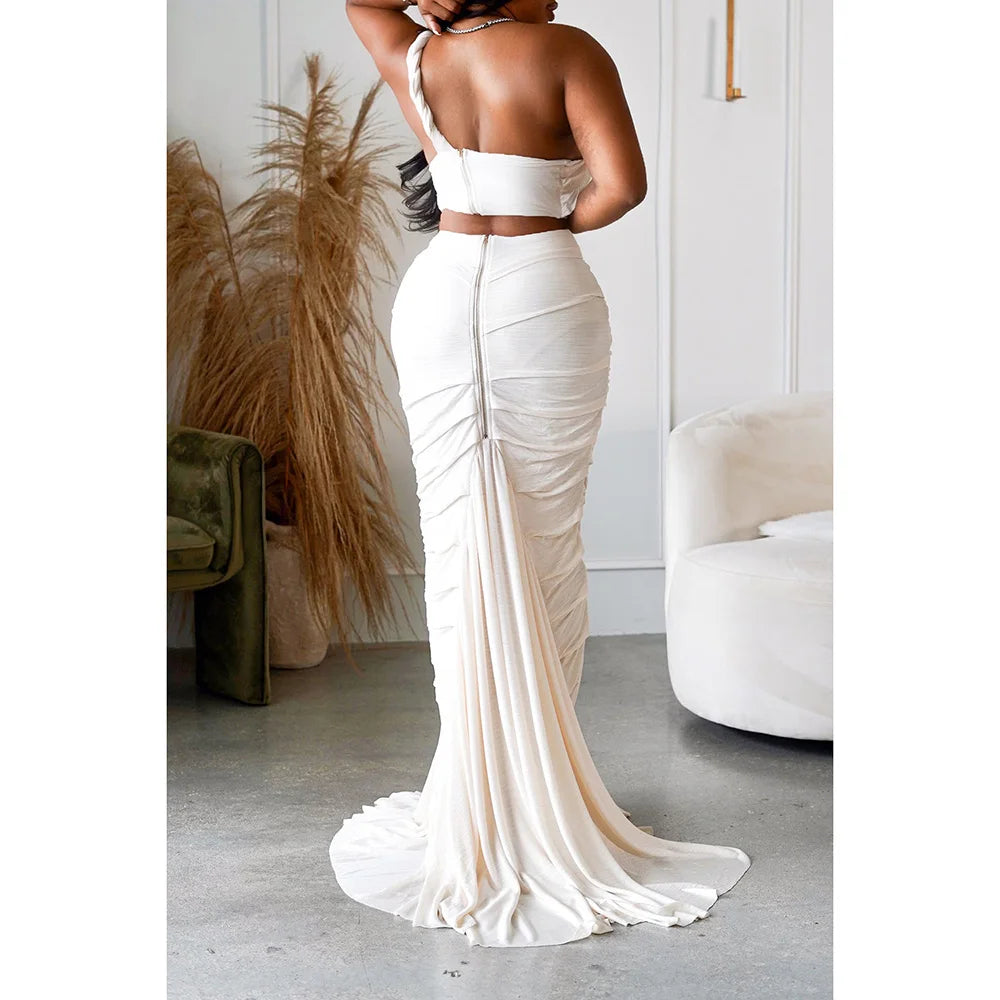 Plus Size White Vacation Zipper Pleated Twisted Fishtail Hollowed Two Piece Crop Top Skirt Sets One Shoulder Tops
