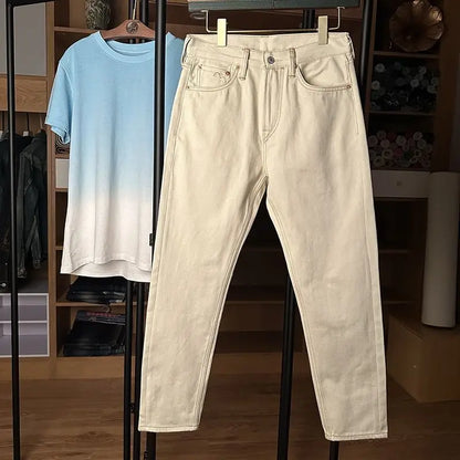 Male Cowboy Pants Beige Embroidery Jeans for Men Straight Trousers Plus Size New in Original Trend  Korean Fashion Regular