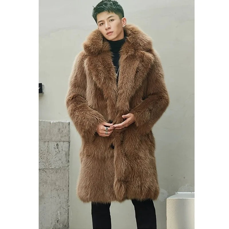 Tuscan Lambswool Faux Fur Coat Men Long Clothing Winter Imitation Fox Furry Trench Overcoat S-6XL