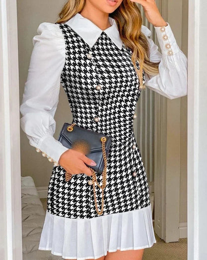 Womens Dresses  Spring Fashion Houndstooth Button Decor Puff Sleeve Ruffle Hem Elegant Turn-Down Collar Daily A Line Dress
