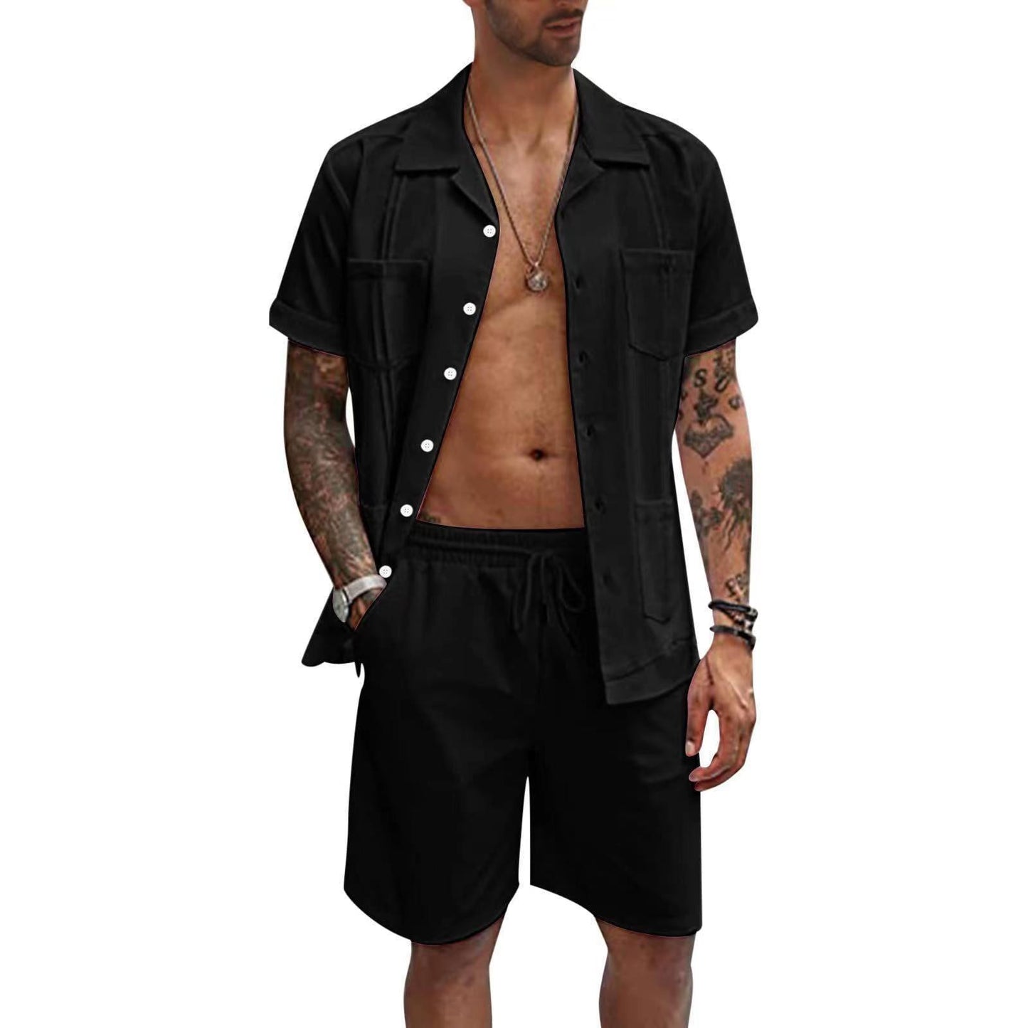 Men&#39;s Summer Casual Loose Two Piece Sets Beach Solid Workwear Pocket Linen Man Suit Short Sleeve Button Shirt And Shorts Outfits