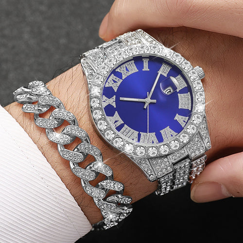 3PCS Luxury Full Diamond Men Watch Bracelet Necklace Set Fashion Hip Pop Men's Calendar Quartz Watches Reloj Mujer?Without Box?
