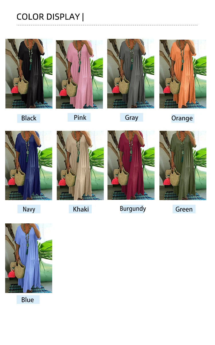 Damen Übergröße Lässiges lockeres V-Ausschnitt Einfarbiges langes Kleid Frühling Sommer Plissee Big Size Damenkleid
