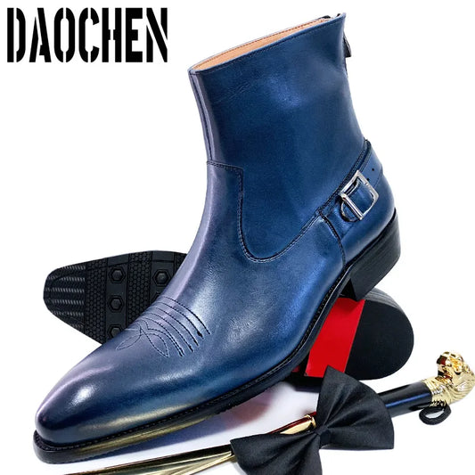 Luxury Men Ankle Boots Zipper Mid-Calf Slip On Casual Dress Shoes Winter Boots Black Blue Leather Basic Boots Men Shoes