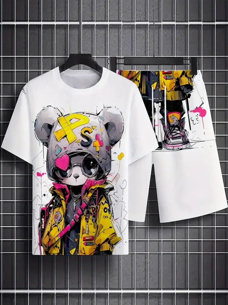 Herren Sommer Kurzarm-Set Hip-Hop Cartoon Bären-Print Kurzarm-Oberteil Shorts Lässiger Zweiteiler Outdoor Urban Street Fashion
