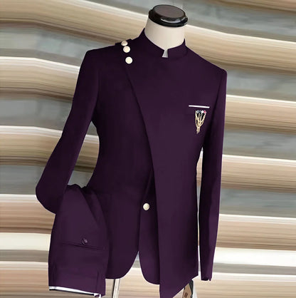African Style Men's Suit 2 Piece Set Single Breasted Blazer Groom Wedding Tuxedo Gold Button Design Formal Jacket Pants 2 Piece