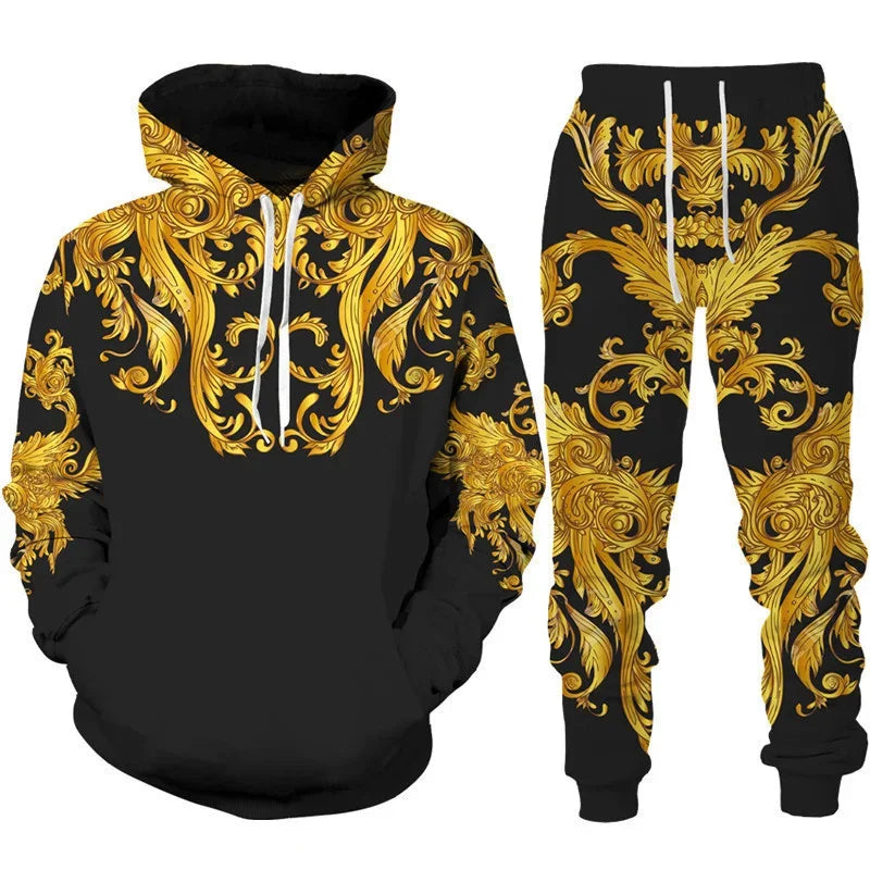 Baroque Court Style Hoodie/Suit Men's Luxury Golden Flower 3D Printed Sweatshirt&Trousers Set Fashion Unisex Streetwear Clothing