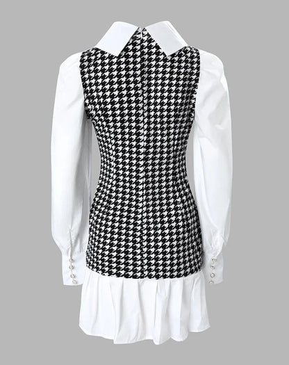 Womens Dresses  Spring Fashion Houndstooth Button Decor Puff Sleeve Ruffle Hem Elegant Turn-Down Collar Daily A Line Dress
