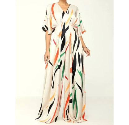 Jumpsuit for Women Fashion  Spring New Print Half Sleeve V-Neck Wide Leg Loose Casual Temperament Jumpsuits Casual Overalls