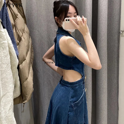Autumn Summer Ladies Denim Dress Sleeveless Pockets Single Breasted Women Shirt Floor Length Party Beach Sexy Dresses
