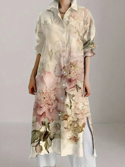 Damen Oversize Vintage Chic Hemdblusenkleid mit Blumenmuster und langen Ärmeln