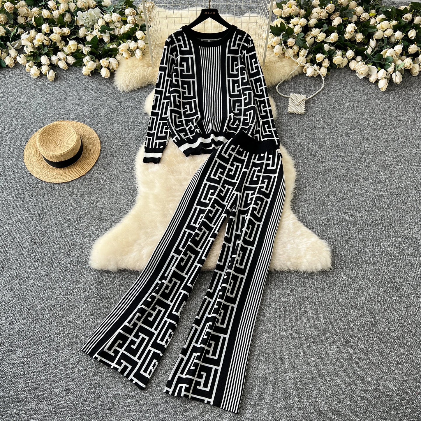 SINGREINY Geometric Maze Print Two Pieces Suits Autumn Winter O Neck Sweater+Long Pants Women Casual Fashion Knitting 2pcs Sets