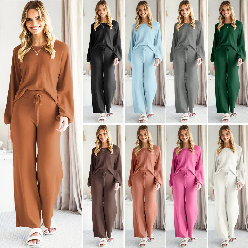 Pant Sets Two Piece Suit Women 2023 Autumn Long Sleeve Pullover Sweaters Round Neck Tops Drawstring Trousers Ladies Suits