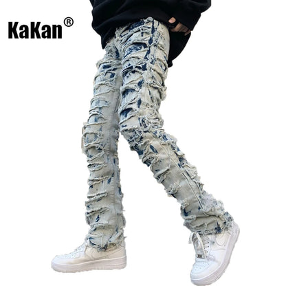 Kakan - New European and American Heavyweight Street Burnout Jeans for Men, High Street Burnout Straight Fit Long Jeans K27-3