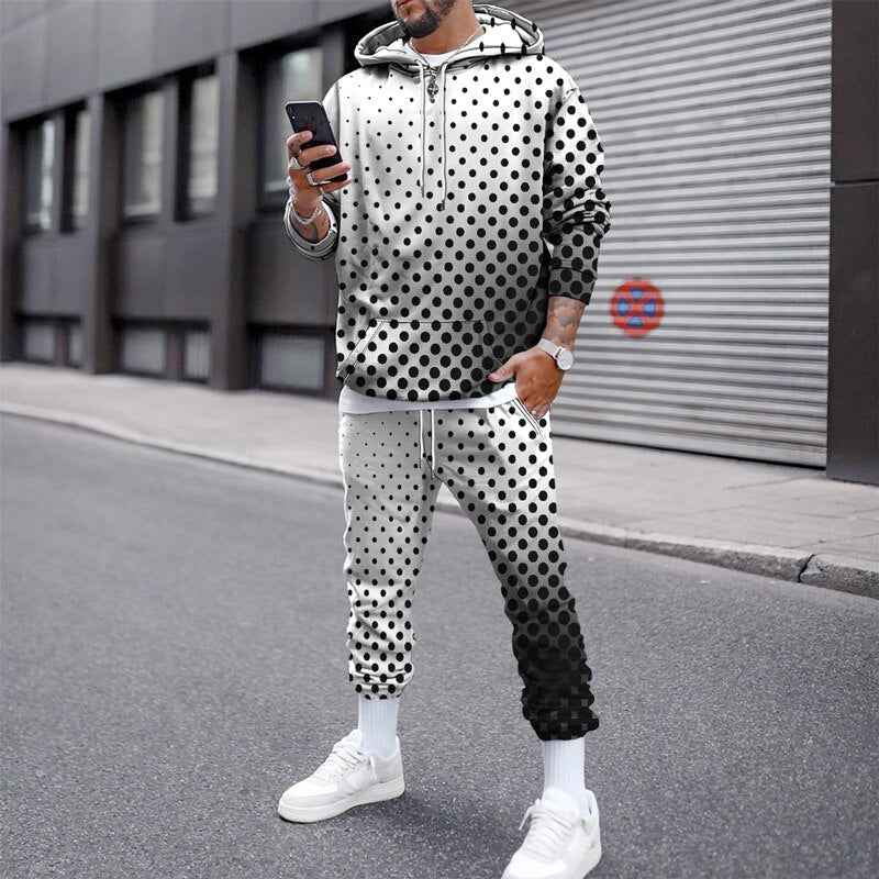 Spring and Autumn Men&#39;s simple classic grey Polka Dot 3Dprinted sports hoodie suit casual breathable trousers tracksuit clothing