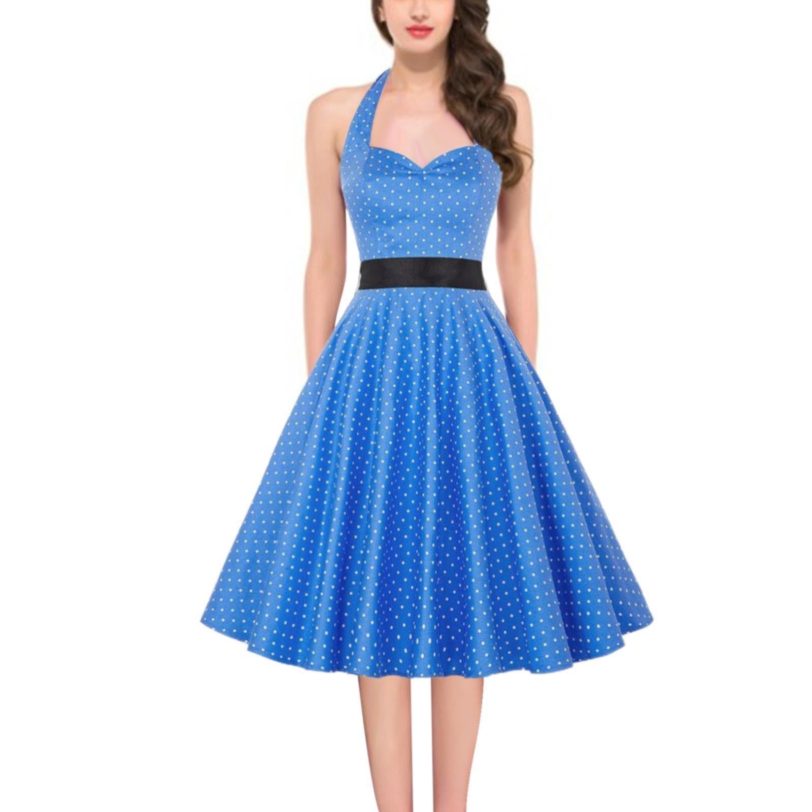 Vintage Polka Dot A-Line Dress Summer Women Sexy Halter Backless Low Cut Party Dress 50s 60s Retro Pin Up Rockabilly Swing Dress