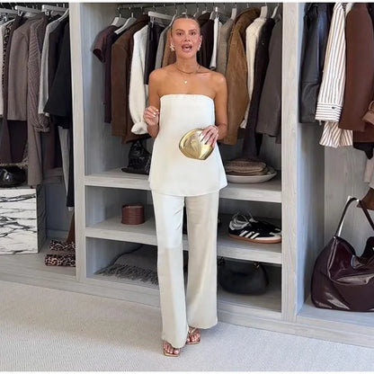 Elegant Tube Tops Women's Trouser Suits Backless Top Wide Leg Pants  Spring Summer High Street Fashion 2 Pieces Set Women