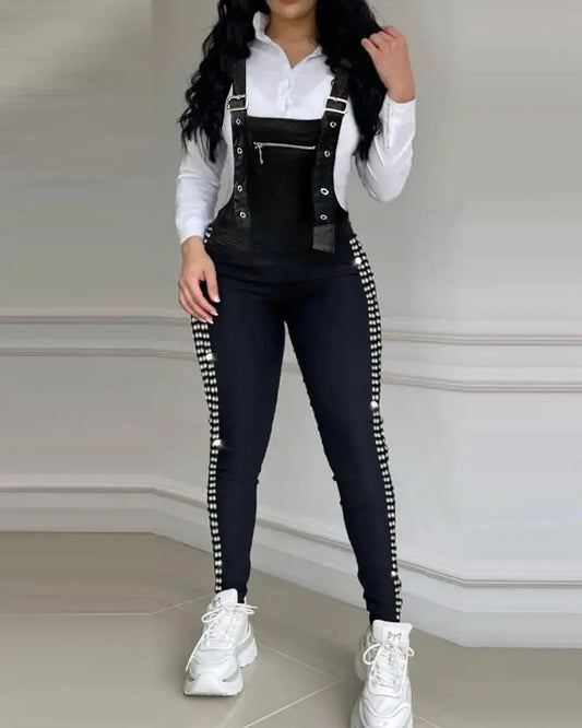 Elegant Rhinestone Decor Buckled Suspender Jumpsuit Women 2023 Spring Autumn Casual Plain Skiny Overalls Bodycon Jumpsuits