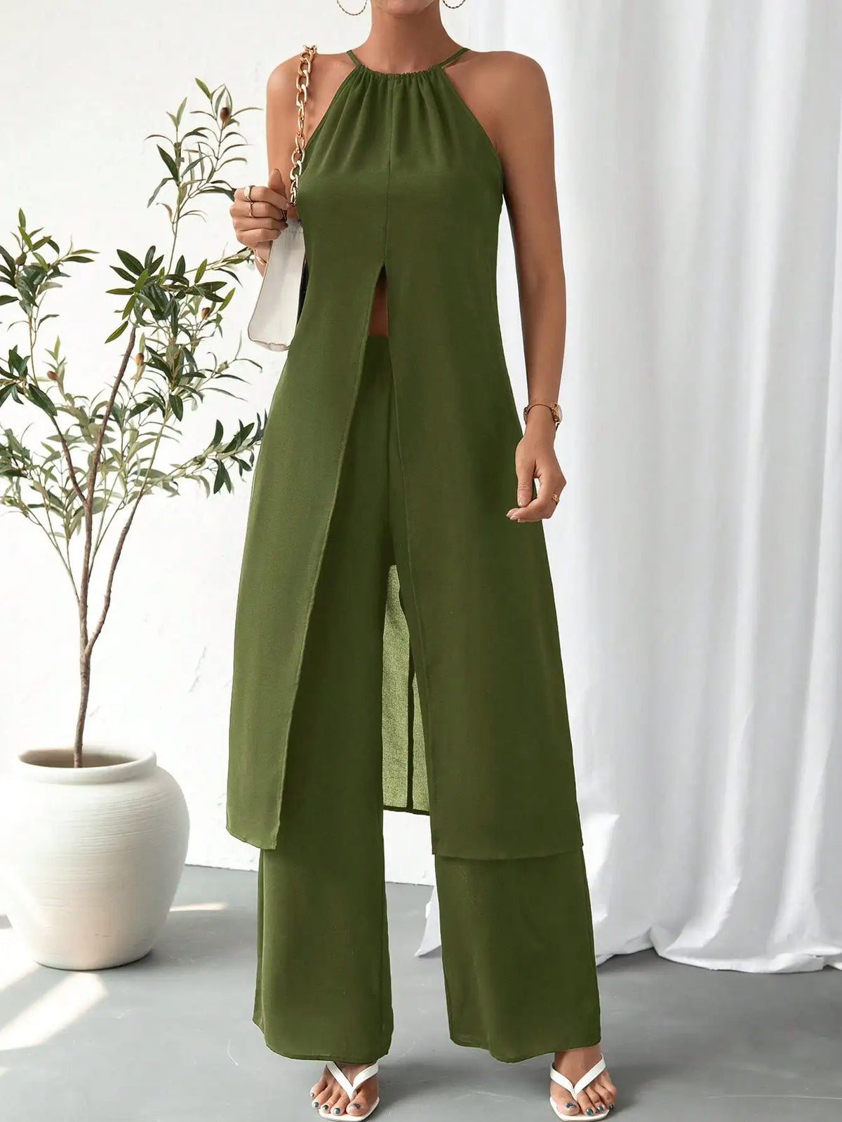 Elegant Casual Solid Color woman Chic Two-Piece Set Strap Design Fashionable Women's Outfit