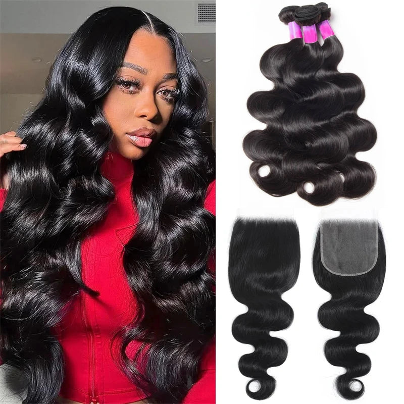 Raw Brazilian Body Wave Bundles With Closure Human Hair Weave Unprocessed Remy Hair 4x4/5x5 Lace Closure With 3/4 Bundles