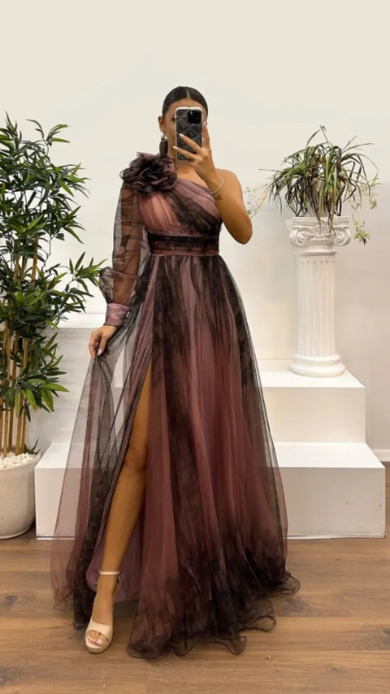 2025 Women Evening Dress Off Shoulder Pleated Long Lantern Sleeve Split Hem Maxi Dress Rhinestone Decor High Waist Party Dresses