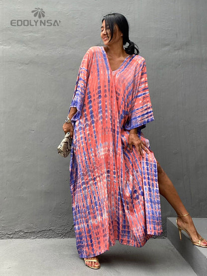 Bohemian Printed V-neck Batwing Sleeve Side Split Loose Dress For Women Clothes Plus Size Beachwear Maxi Dresses Q1218