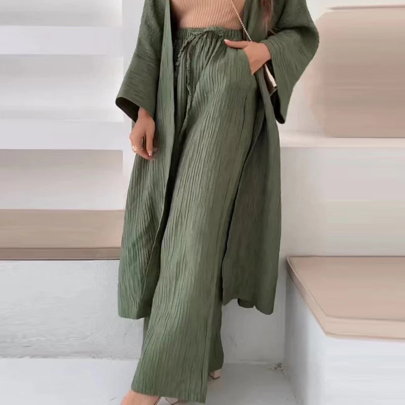 Elegant Female Loose Solid Color Outfits 2024 Women's Autumn Suits Lady Pleated Texture Top+Straight Casual Pants Two-Piece Sets