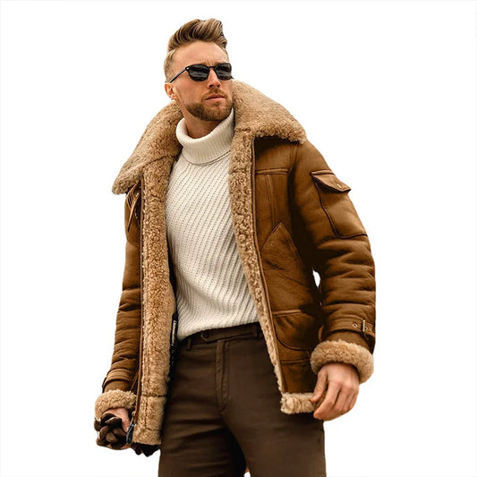 2024 Winter New Men's Warm Jacket+Imitation Leather Fleece Leather Face Jacket Casual Jacket Men's Outdoor Warm Leather Jacket