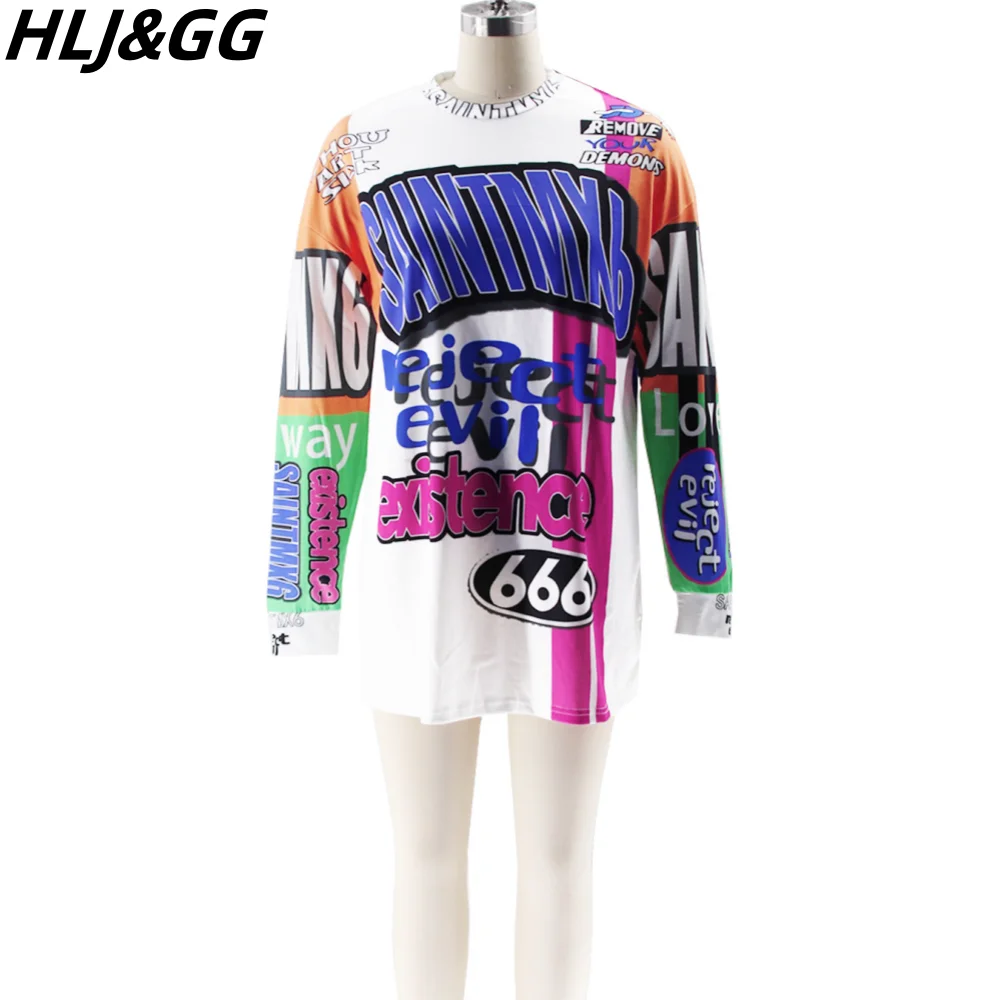 HLJ&GG Summer New Retro Splicing Printing Loose Tshirt Dresses Women Round Neck Long Sleeve Straight Vestidos Fashion Streetwear