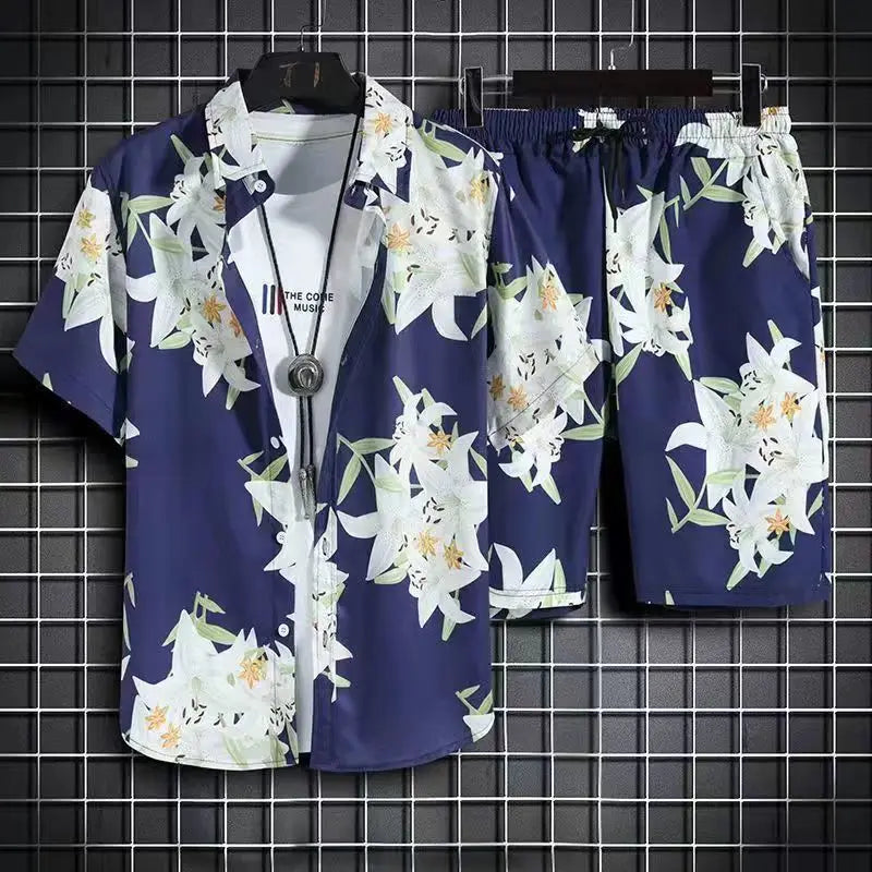 Comfortable flower grass leaf coconut tree 3D Print shirt +Shorts Two Piece Set Short Sleeve Flip collar shirts half pants